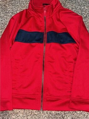Red Track Jacket with Navy Stripe